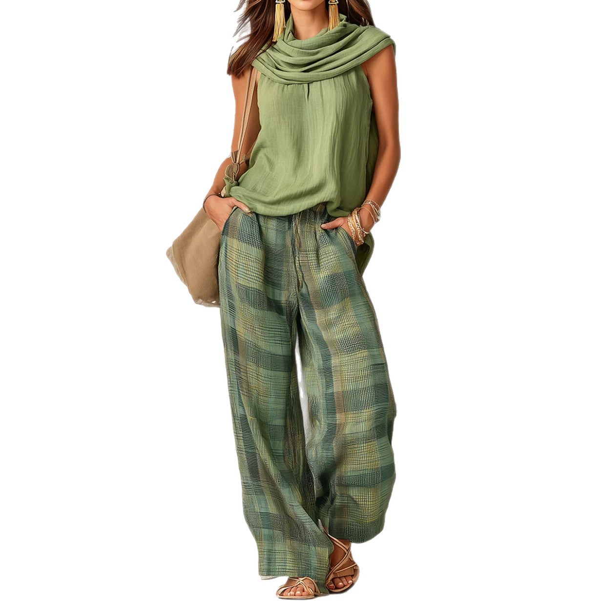 Women's Retro Sleeveless Top and Plaid Pants Set