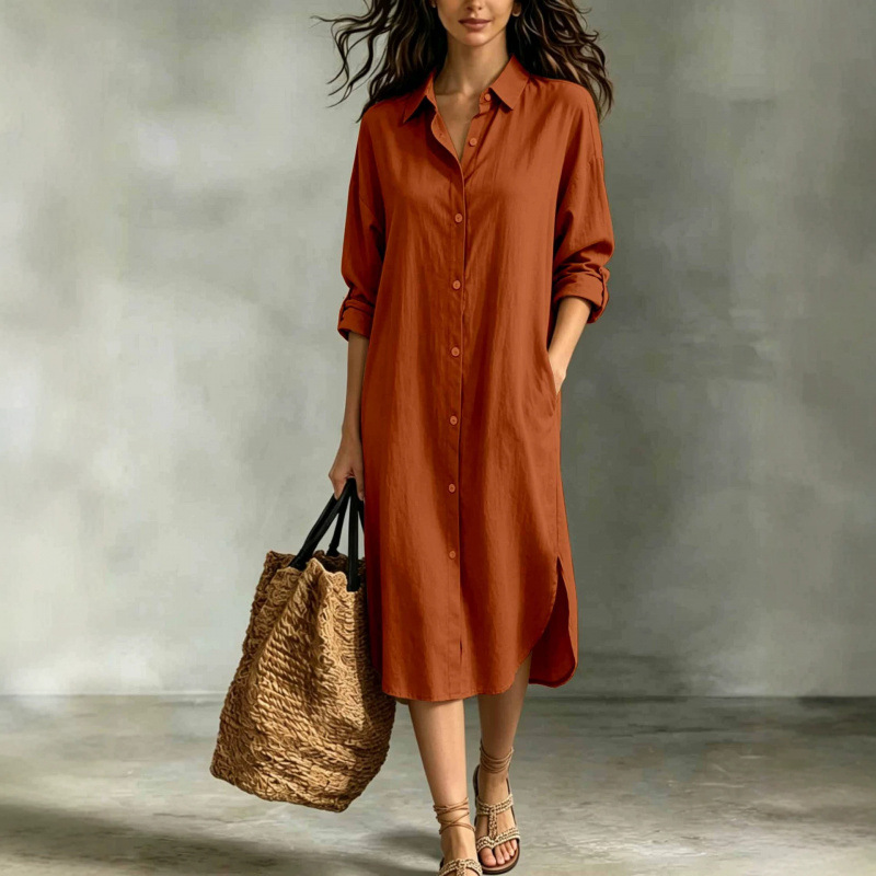 Women's Loose Cotton-Linen Shirt Dress with Pockets