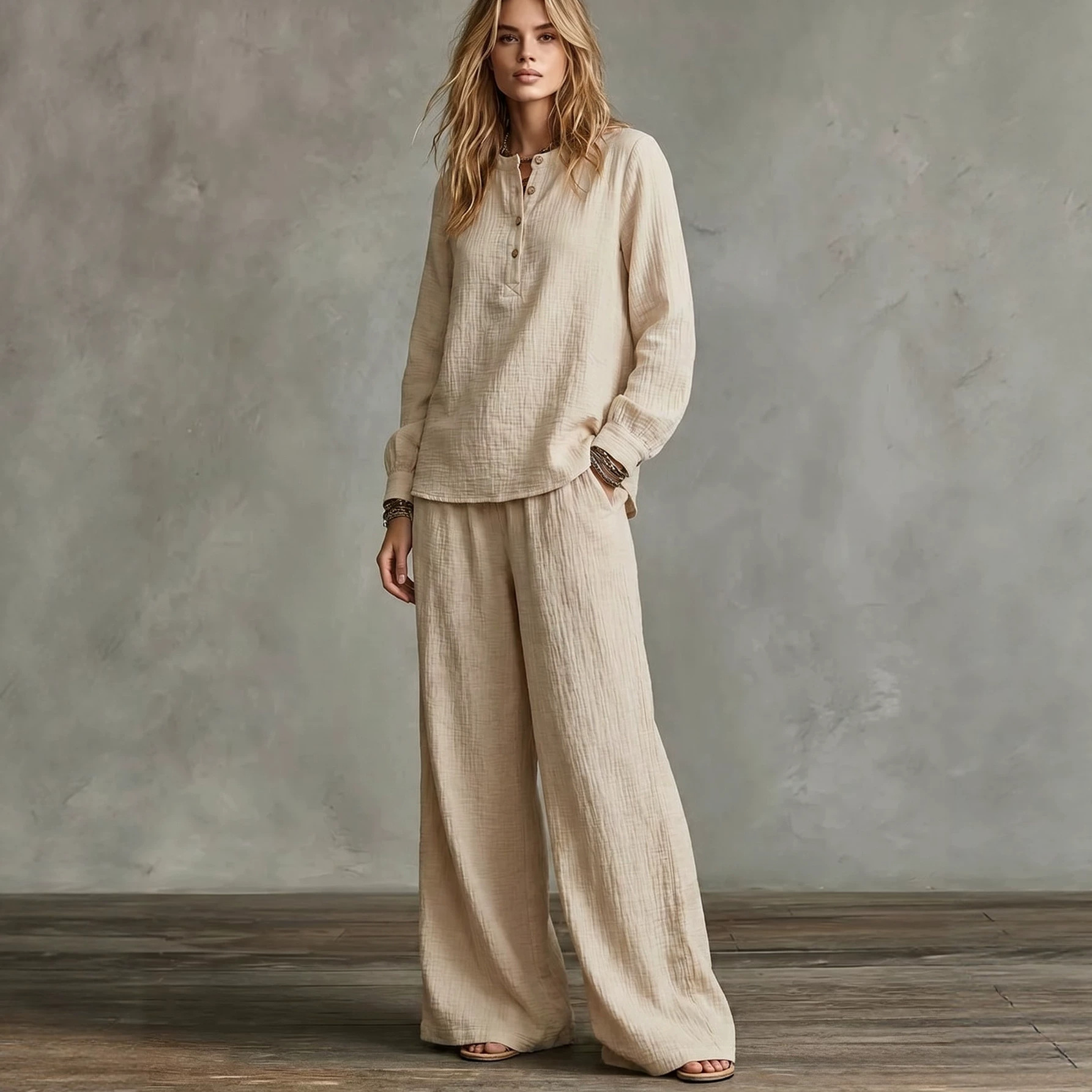 Women's Casual Two-Piece Set: Round Neck Long Sleeve Shirt & High Waist Pleated Straight Pants