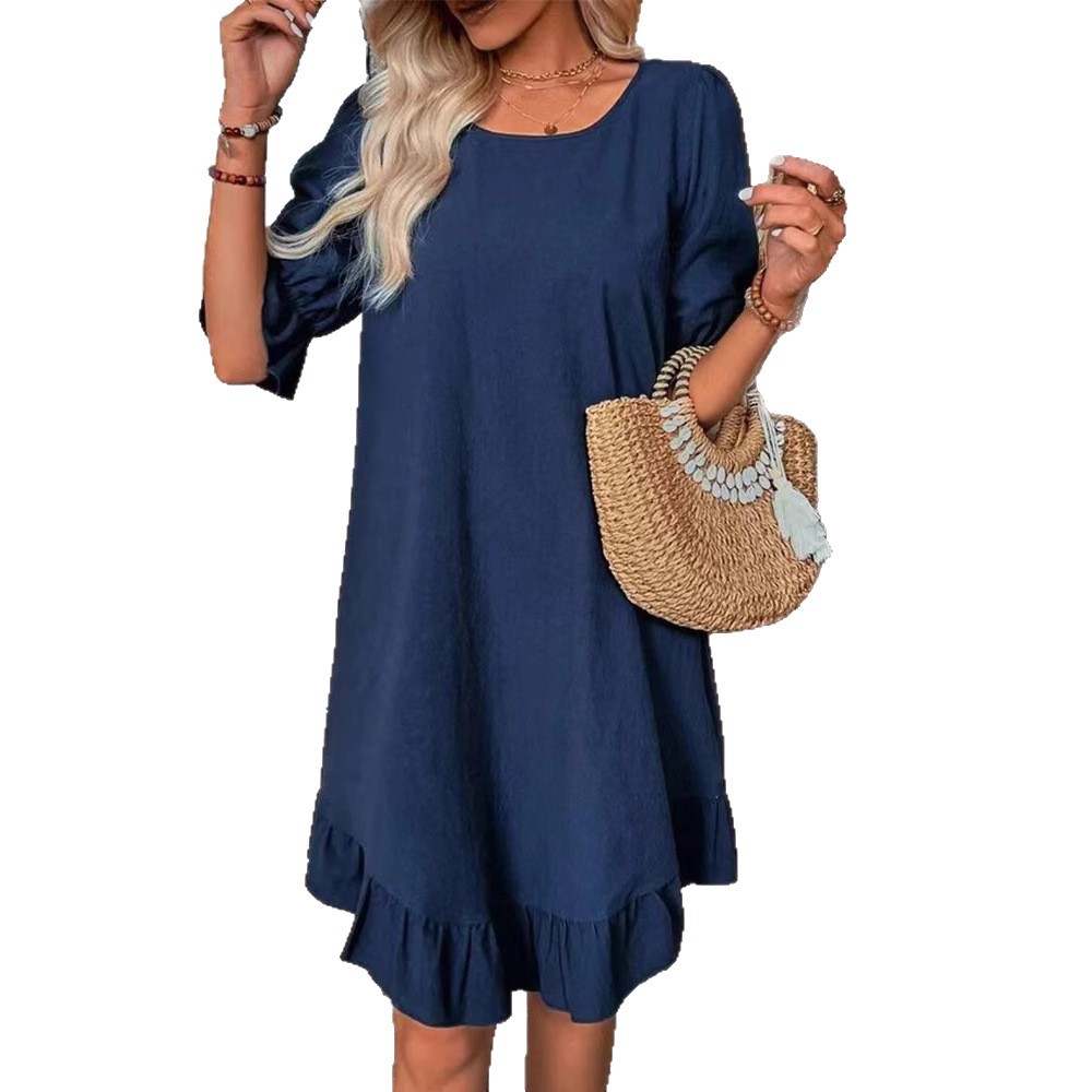 Elegant Solid Crewneck Midi Dress Short Sleeve High Waist