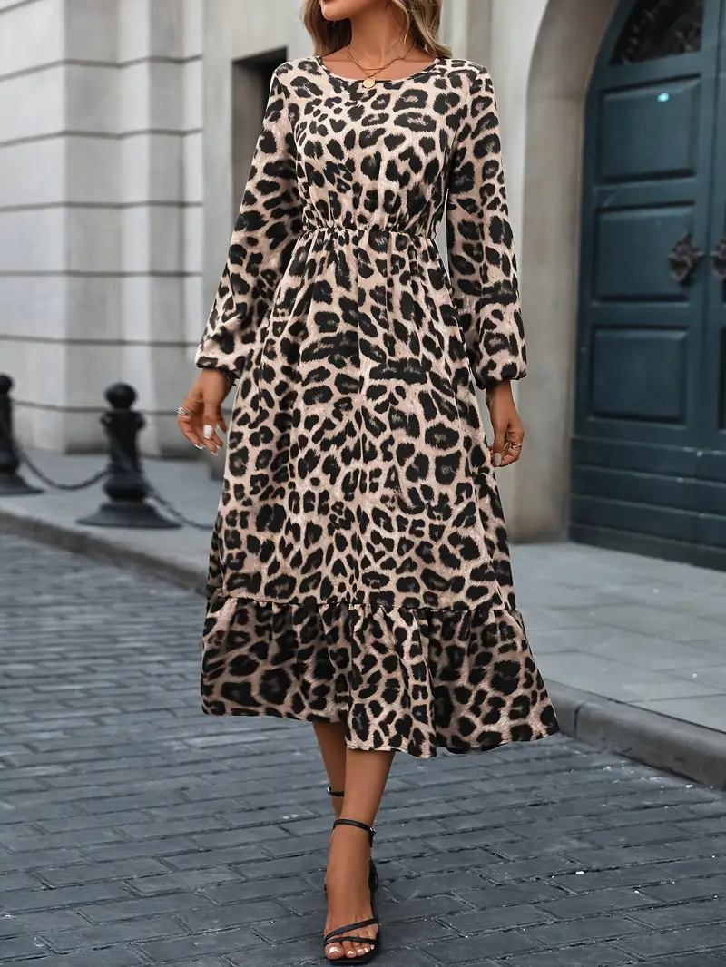Elegant Leopard Print Lantern Sleeve Ruffle A-Line Midi Dress