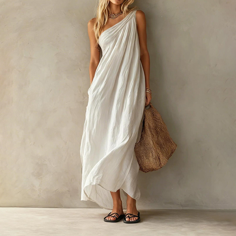Women's One-Shoulder Long Dress Solid Color Casual Elegant Vacation A-Line
