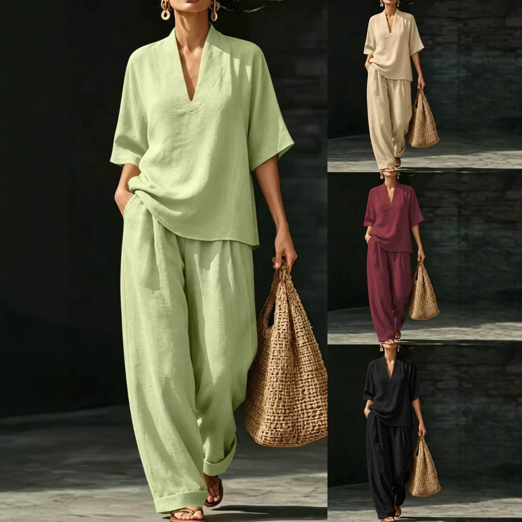 Lazy Style V-Neck Short Sleeve Top and Wide-Leg Pants Two-Piece Set