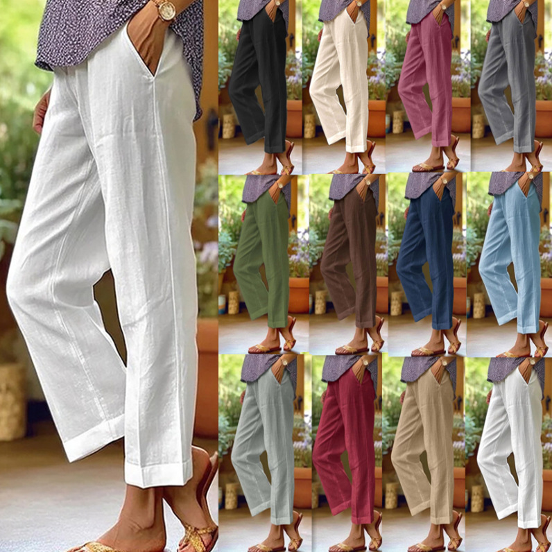 Women's Cotton-Linen Loose Straight-Leg Pants with Elastic Waist and Pockets