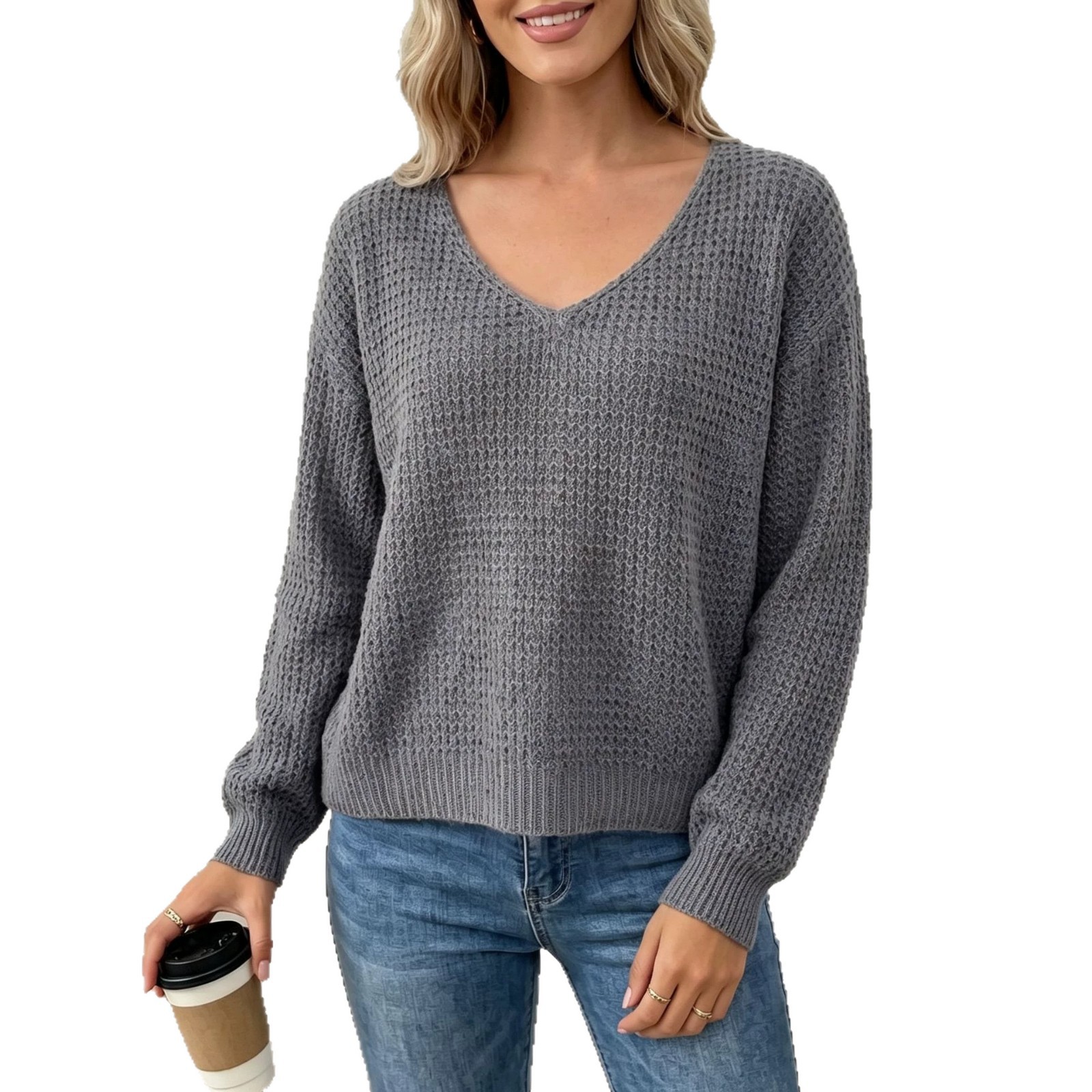 V-Neck Open Back Lace-Up Cross Sweater Oversized Knit Pullover