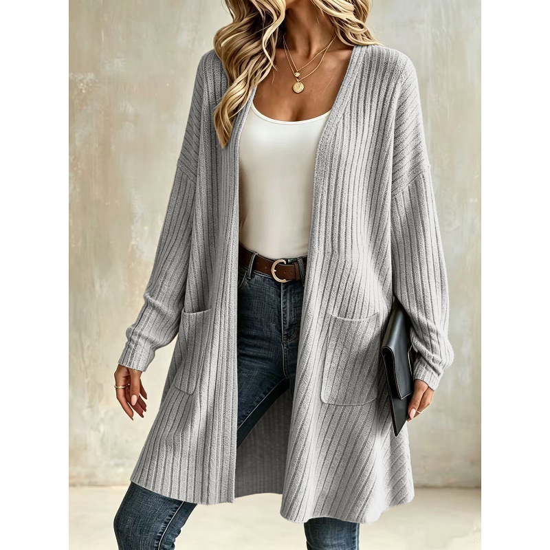 Ribbed Knit Cardigan Solid Color Casual Outerwear