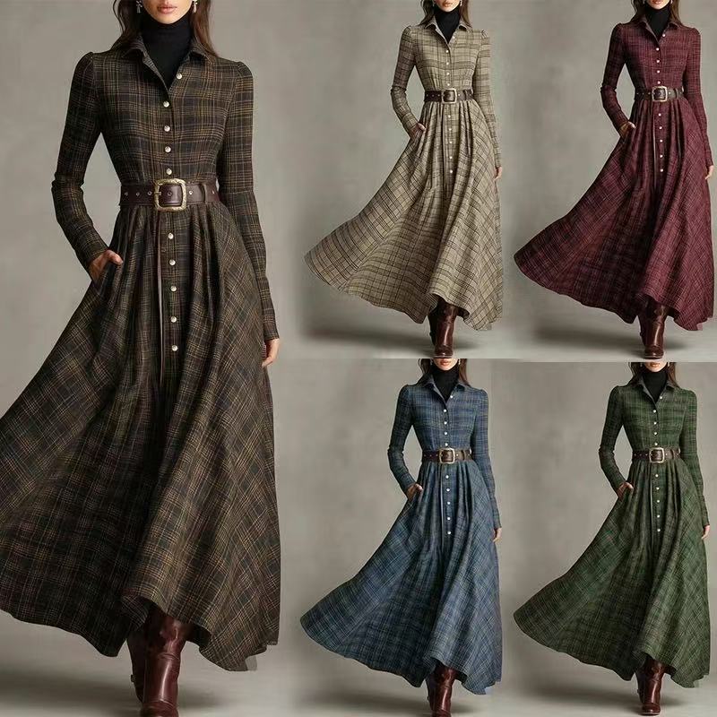 Plaid Collared Button-Front Shirt Dress with Pockets and Elastic Waist