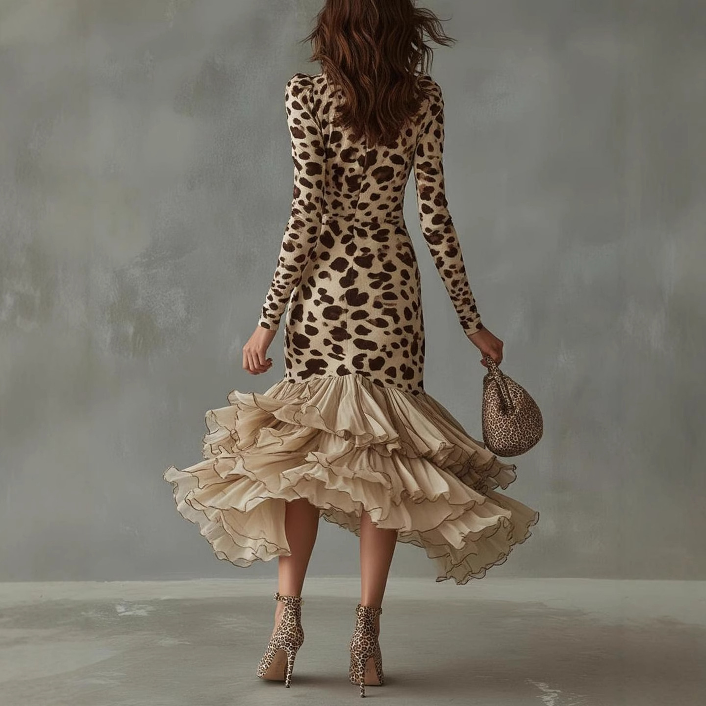 Long Sleeve V-Neck Stone Print Mesh Panel Dress
