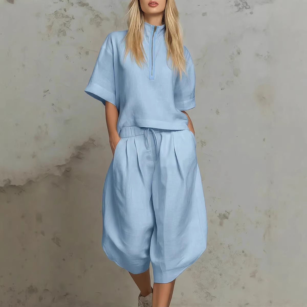Solid Color Loose Fit Casual Two-Piece Set with Short Sleeve Top