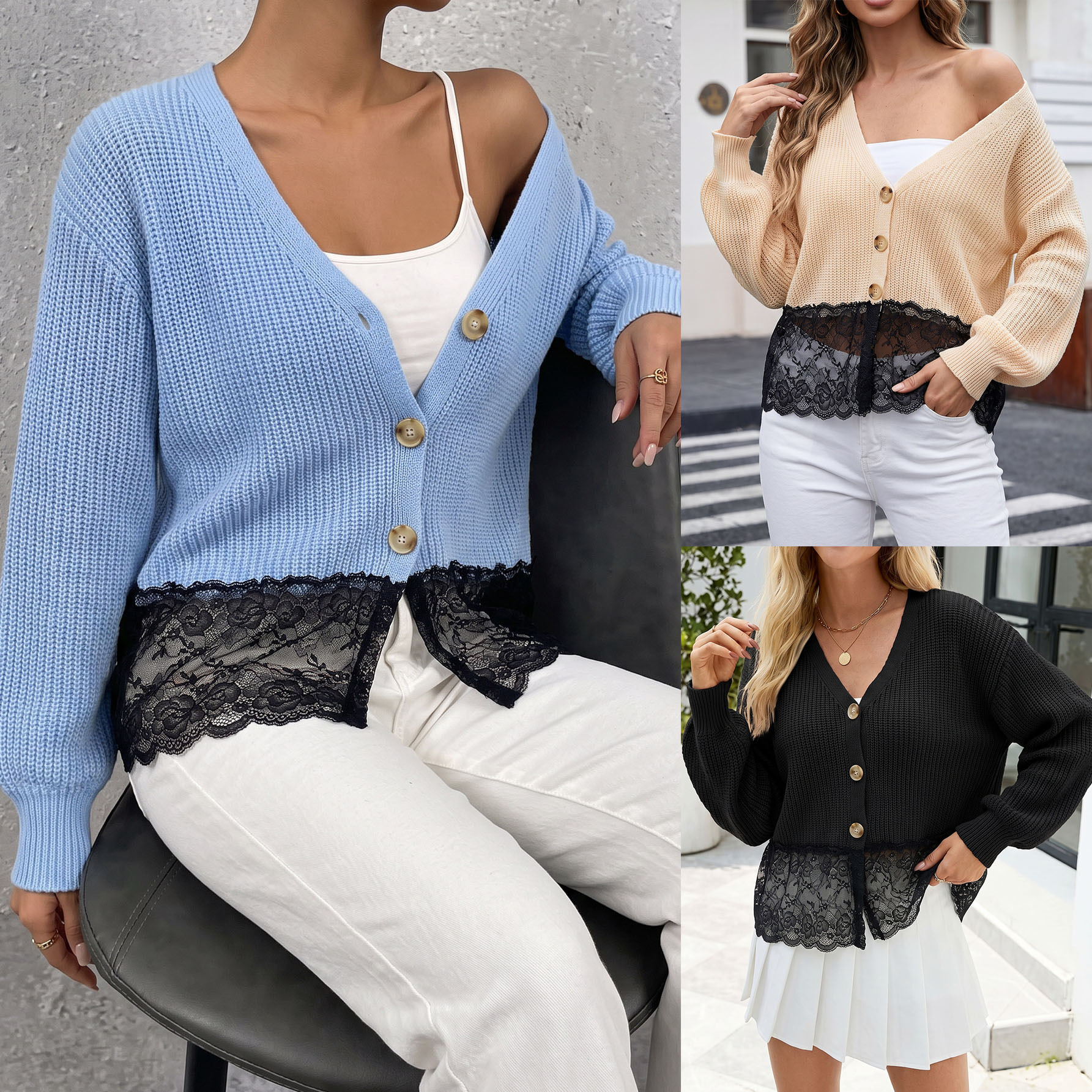 Sweet Lace-Trim Faux-Layer Cardigan Sweater