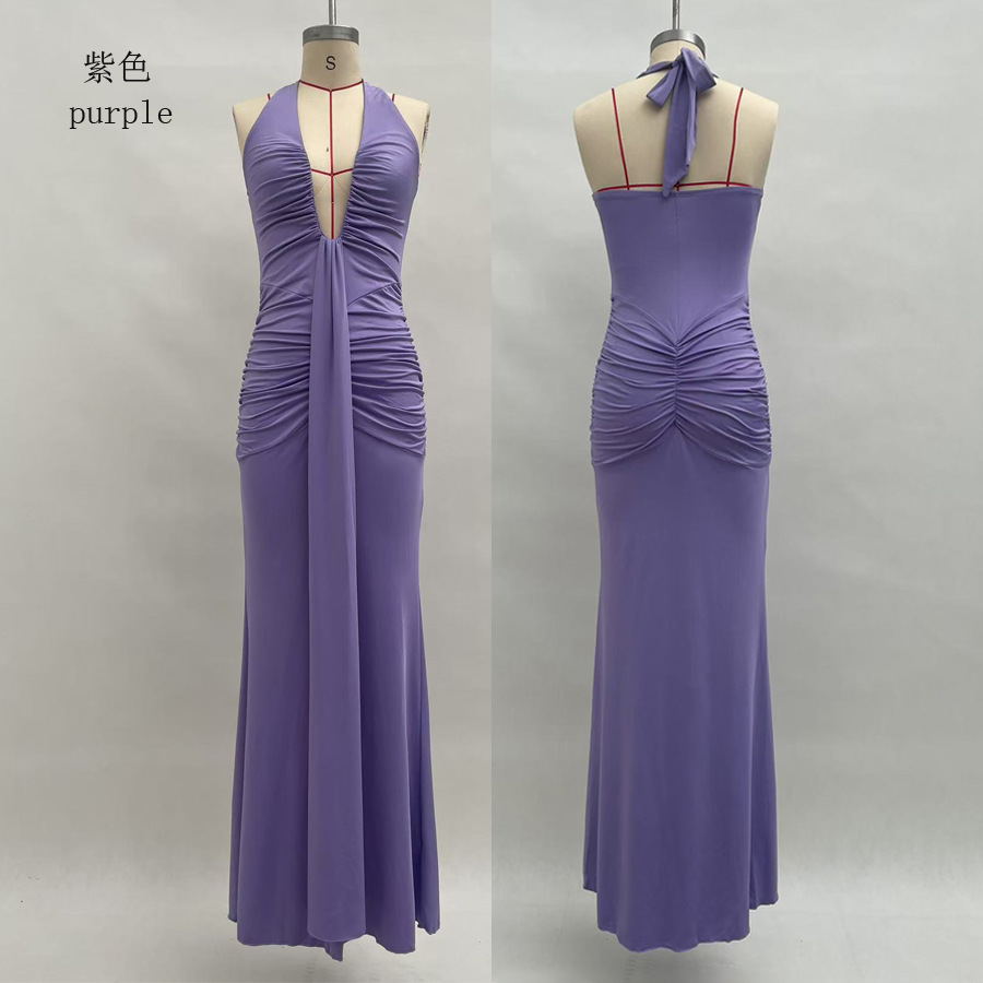 Elegant Solid Halter Deep V Mermaid Maxi Dress with Open Back and Sash