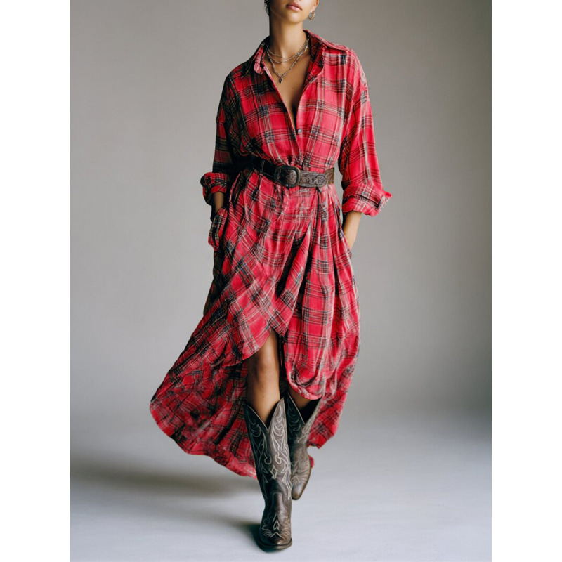 Retro Plaid Long Sleeve Shirt Dress Loose Casual