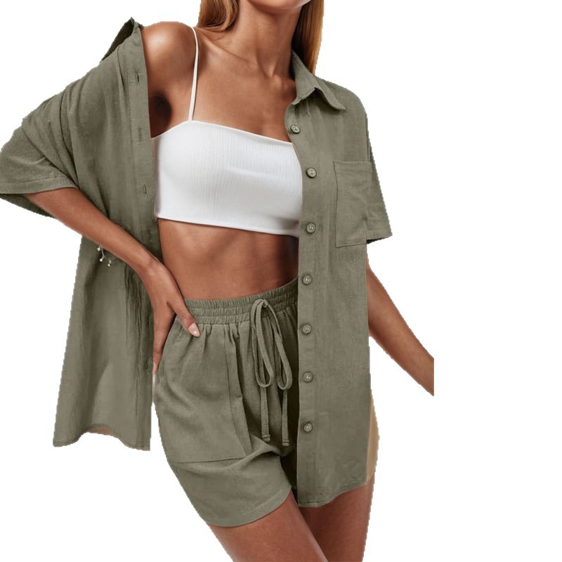 Women's Casual Two-Piece Set with Solid Button-Down Shirt and Wide-Leg Shorts