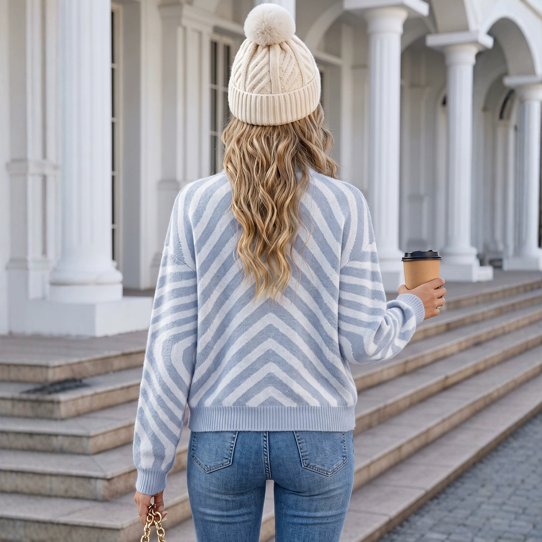 Women's Half Turtleneck Knit Sweater Herringbone Colorblock Jacquard Loose Drop Shoulder Ribbed