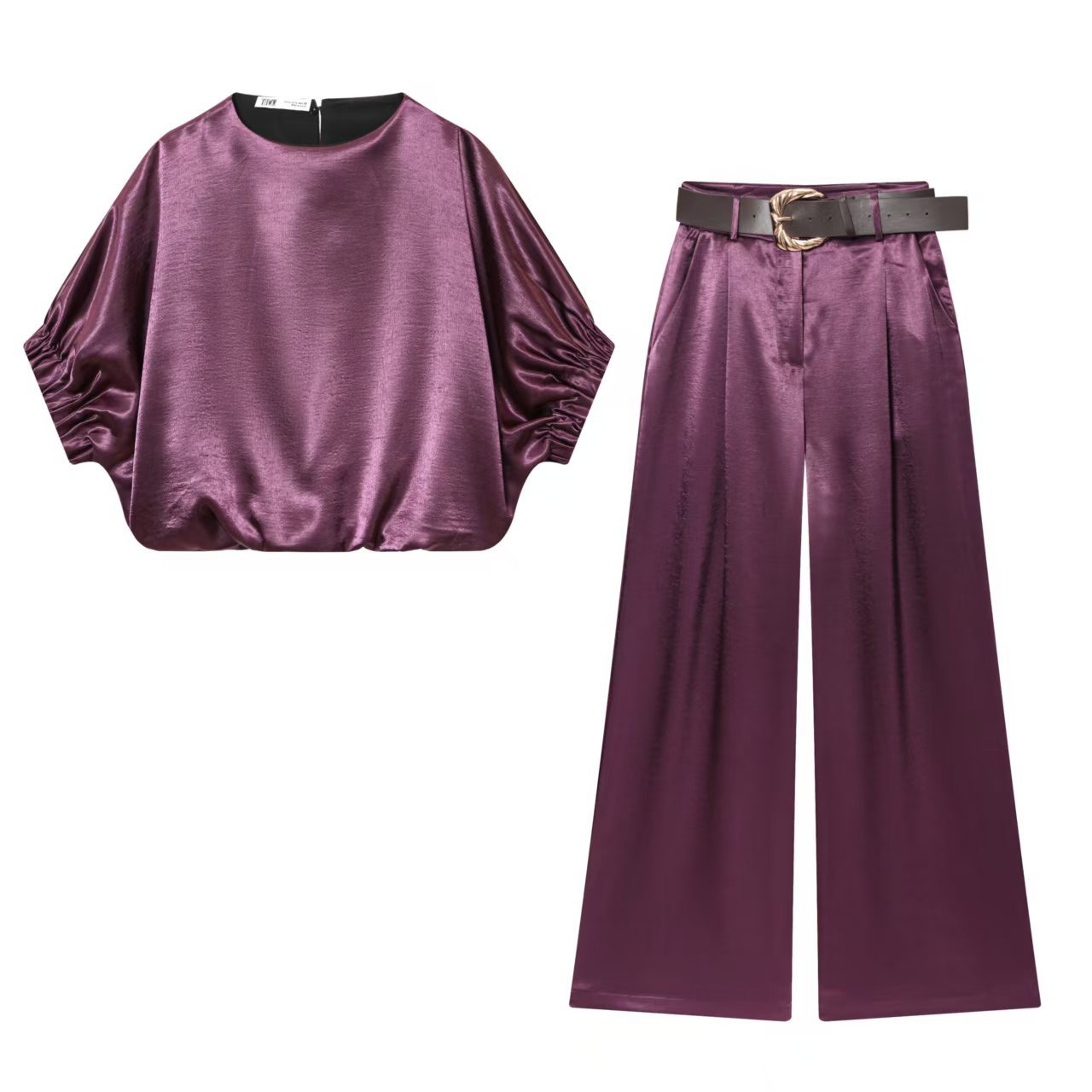 Satin-Feel Top and Wide-Leg Pants Set with Belt