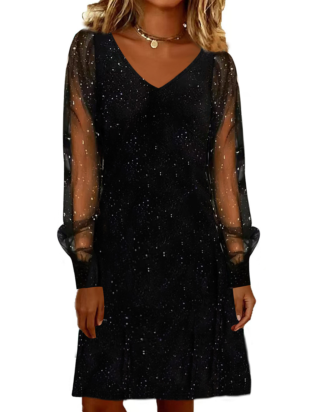Starry Sky V-Neck Mesh Sleeve Midi Party Dress