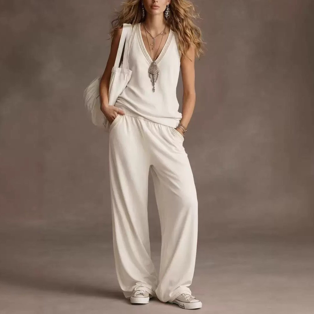 V-Neck Sleeveless Vest and Wide-Leg Pants Two-Piece Set