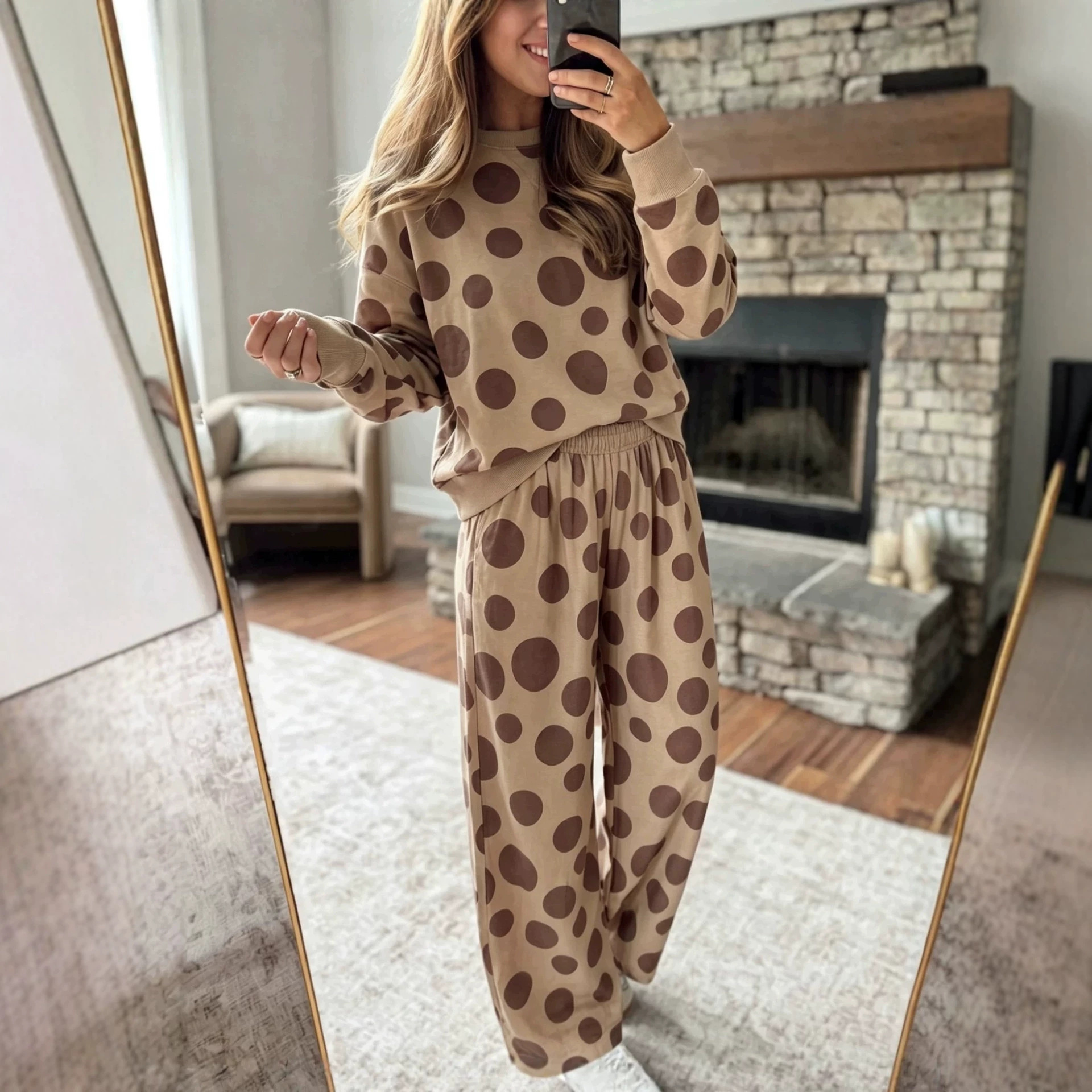 High-Waist Polka Dot Print Wide-Leg Two-Piece Set