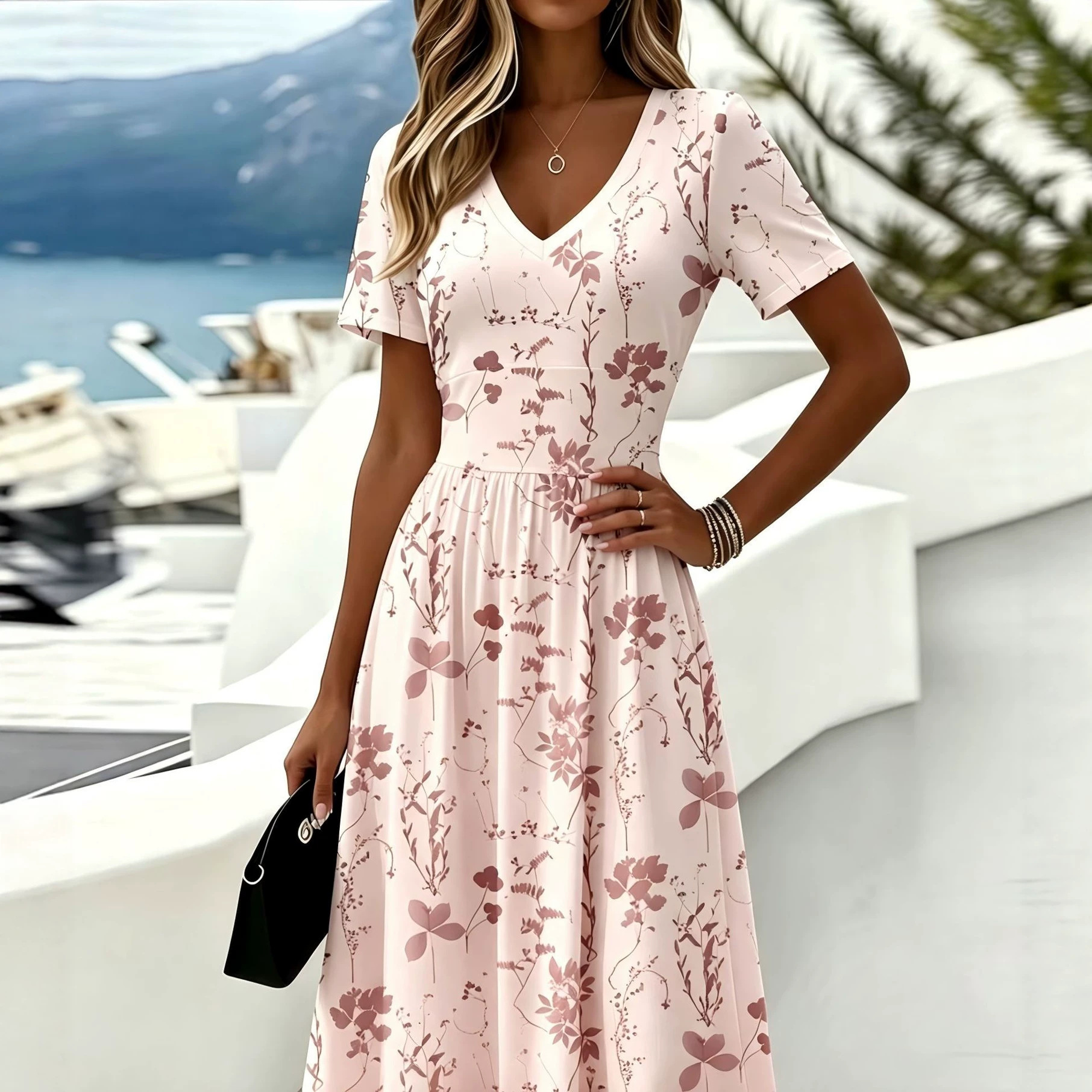 Women's Floral Leaf Print Casual Midi Dress with Deep V-Neck and Short Sleeves