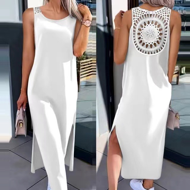 Women's Lace Cutout Sleeveless Midi Dress with Slit