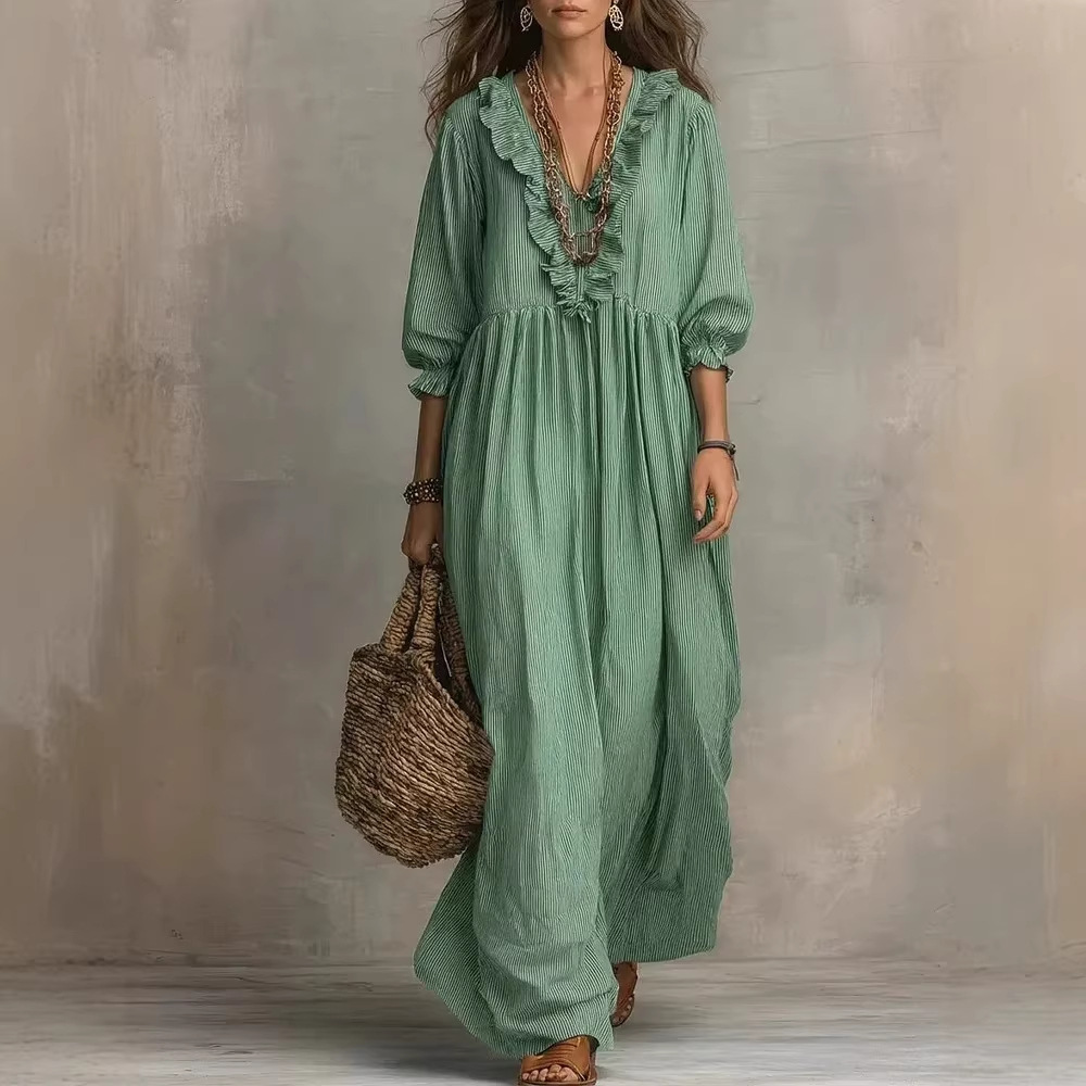 Striped Ruffle High-Waist V-Neck Loose Midi Dress