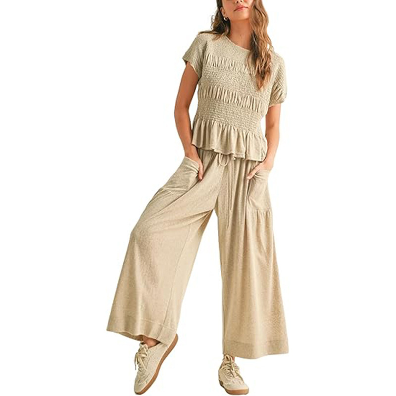 Women's Solid Color Smocked High Waist Wide Leg Pants Short Sleeve Casual Two-Piece Set
