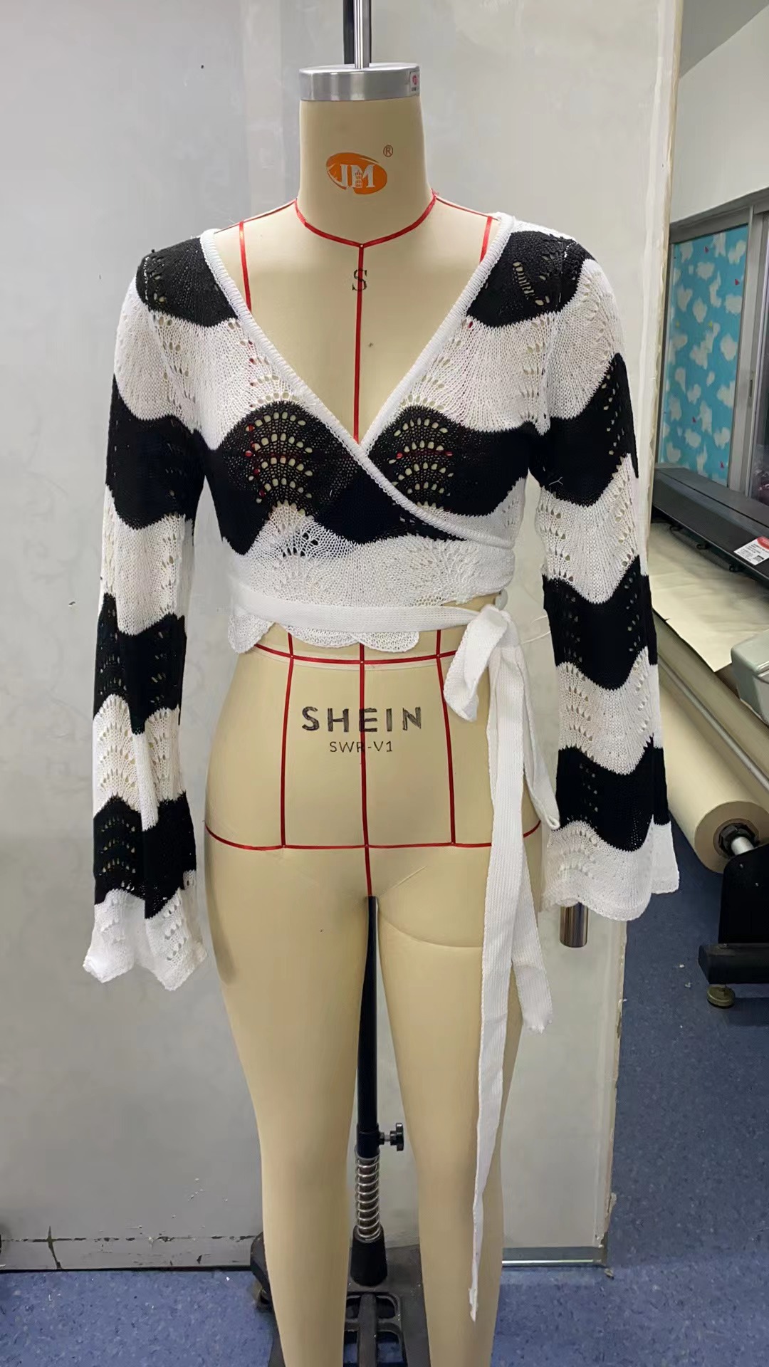 Striped V-Neck Lace-Up Long-Sleeve Sweater