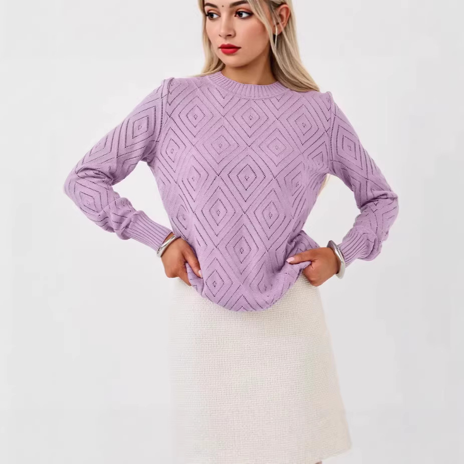 Women's Openwork Diamond Crewneck Long-Sleeve Pullover Sweater