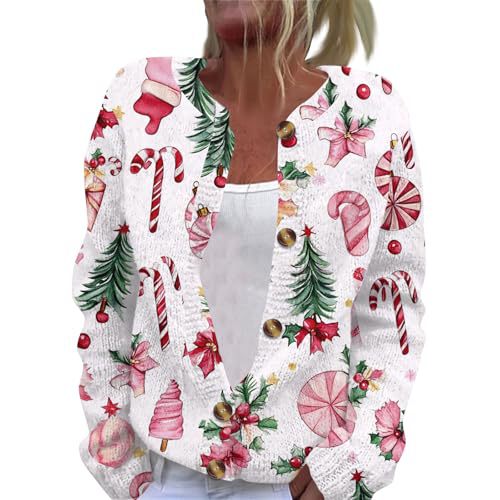 Christmas Hat Print Button-Front Cardigan for Women