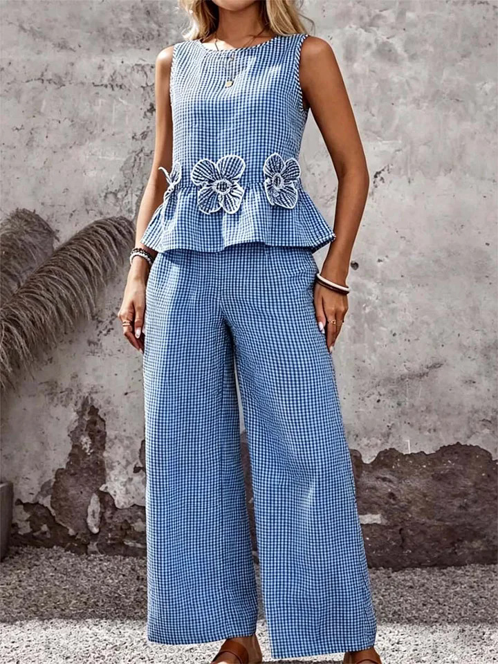 Women's Striped Floral Cotton-Linen Top and Pants Set