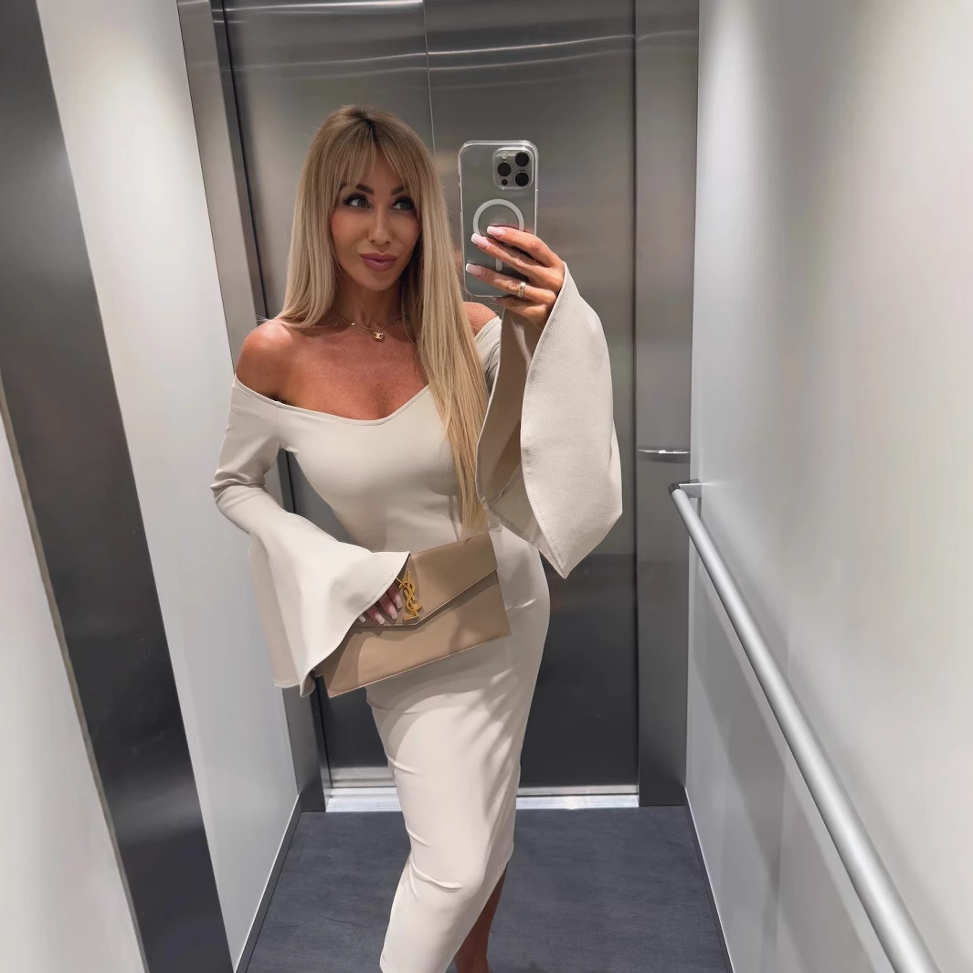 Women's Solid One-Shoulder Flare-Sleeve Bodycon Midi Dress