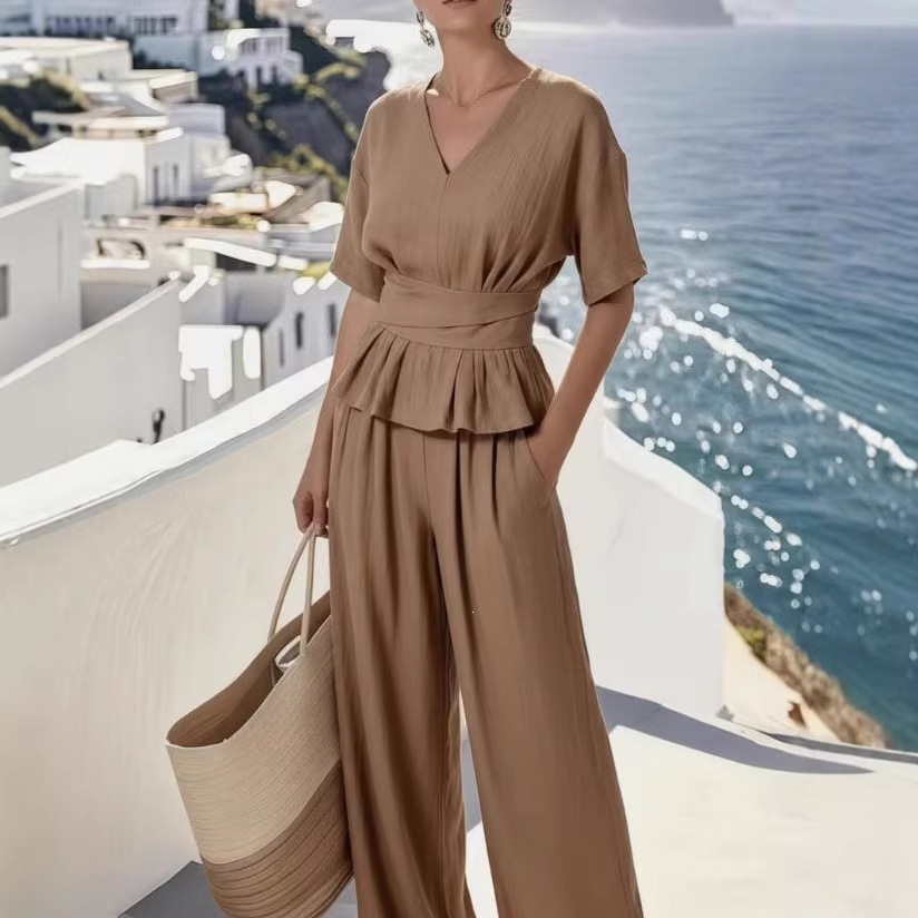 Women's V-Neck Tie Short Sleeve Top & Long Pants Two-Piece Set Casual Minimalist Commuter