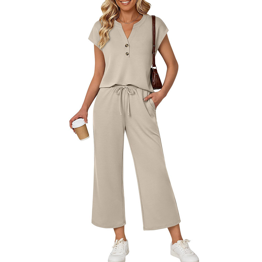 Women's Two-Piece Set: Crewneck Short-Sleeve Top & Cropped Pants
