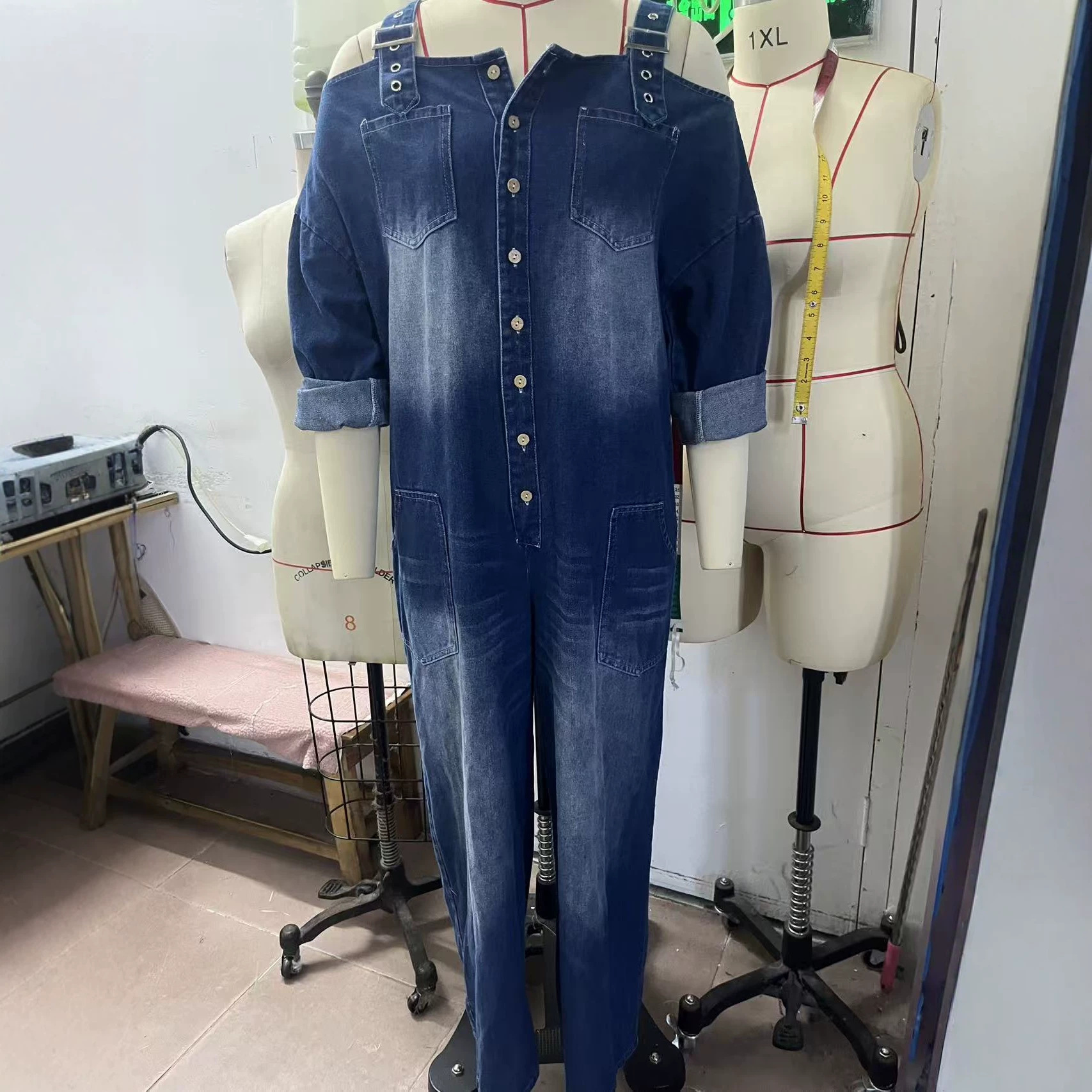 Sexy Off-Shoulder Denim Jumpsuit with Pockets Wide Leg