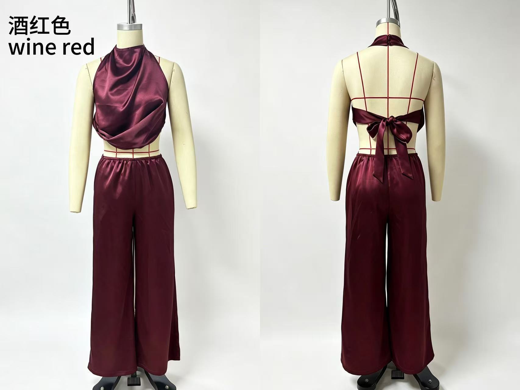 Women's Sleeveless Draped Neck Crop Top and Wide-Leg Pants Two-Piece Set