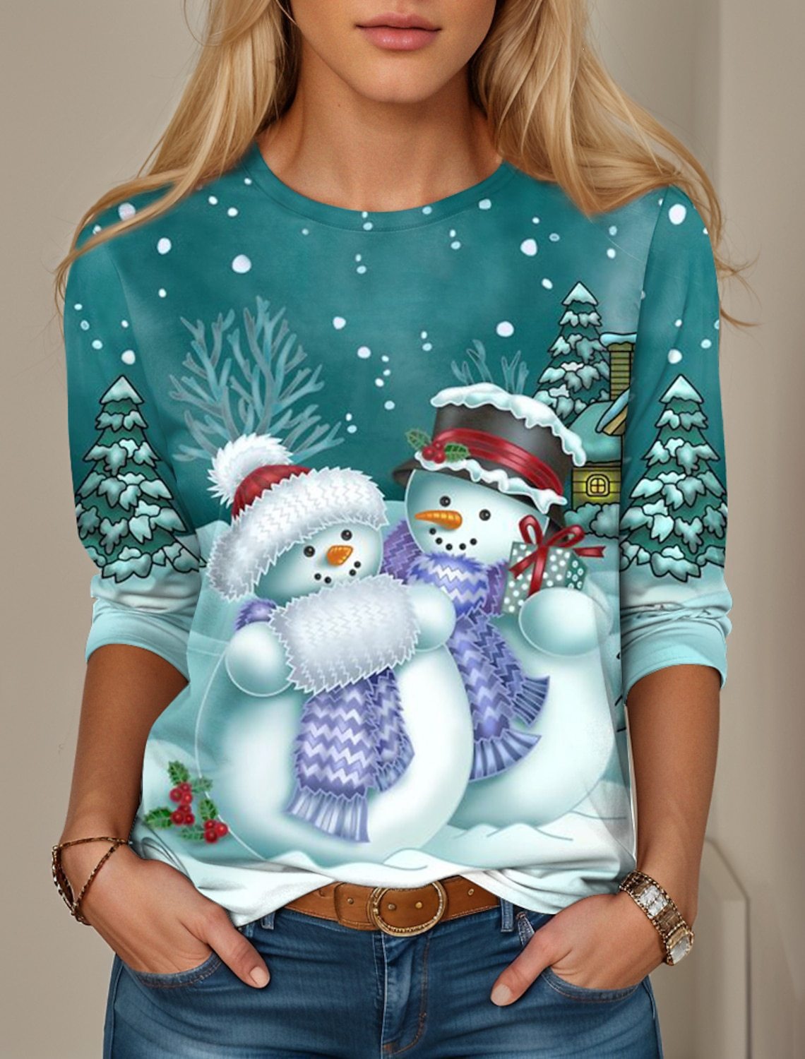 Snowman Print Women's Loose Crewneck Long-Sleeve Top