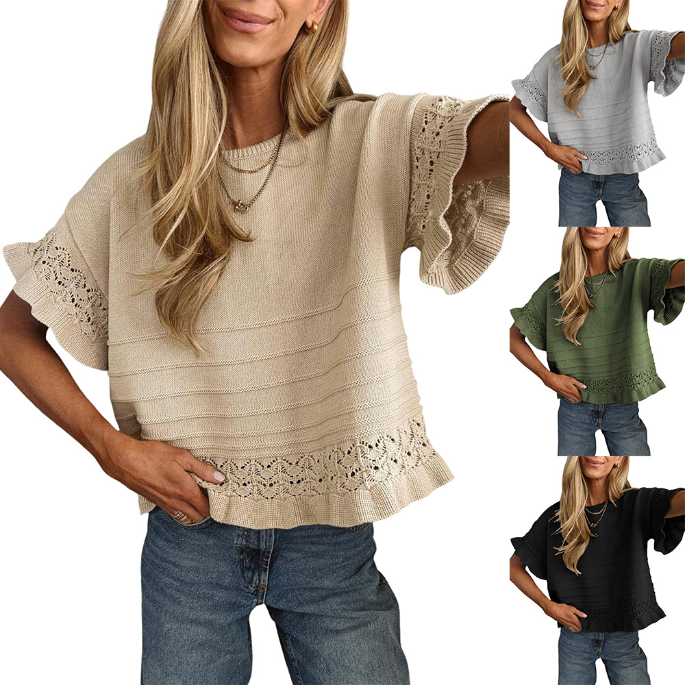 Women's Round Neck Hollow Knit Short Sleeve Ruffle Sweater Loose Top