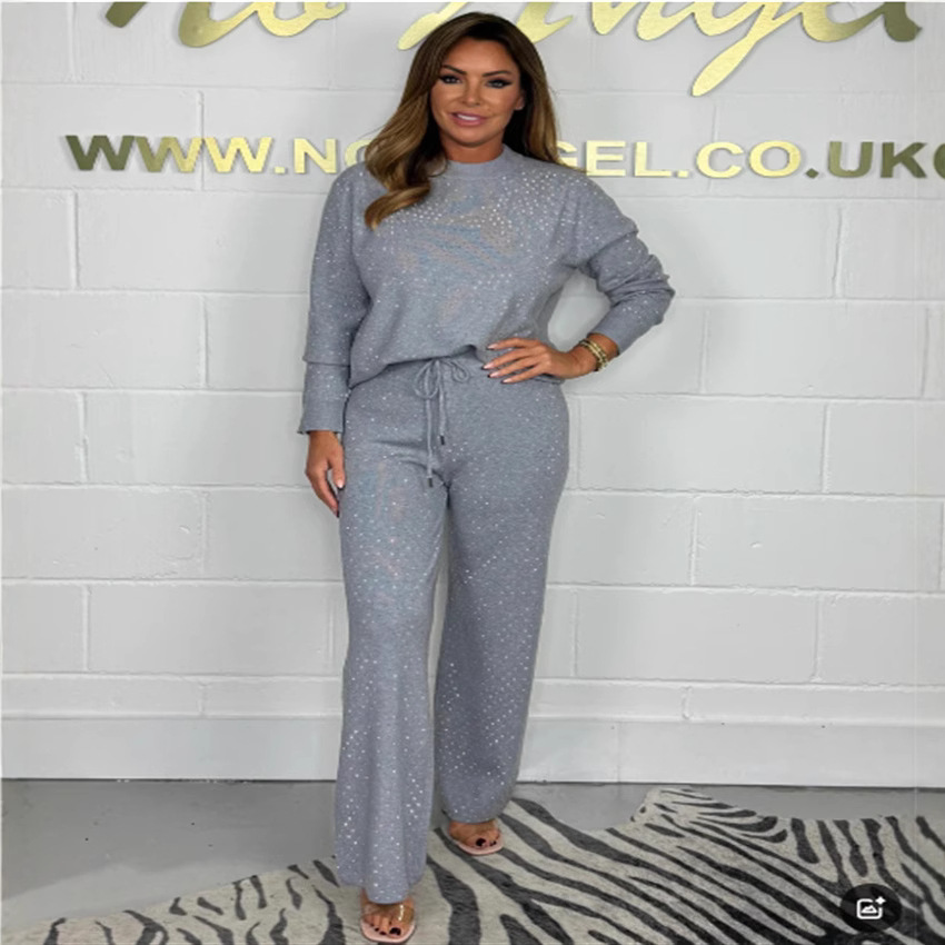 Rhinestone Long Sleeve Crewneck Top and Wide-Leg Pants Set