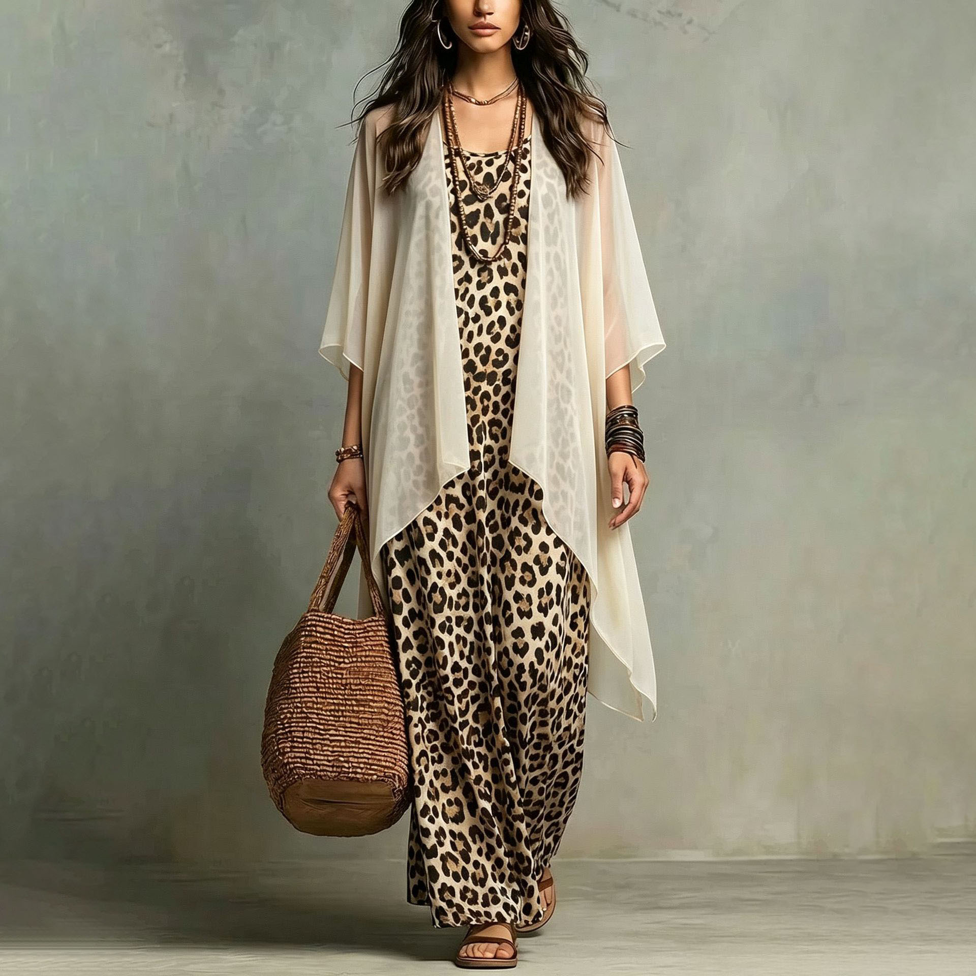 Leopard Print Cami Maxi Dress and Cardigan Two-Piece Set