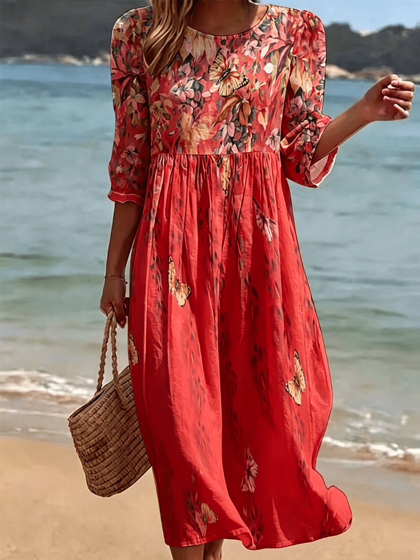 Women's Plaid Color-Block Floral Midi Dress with Pleated Details