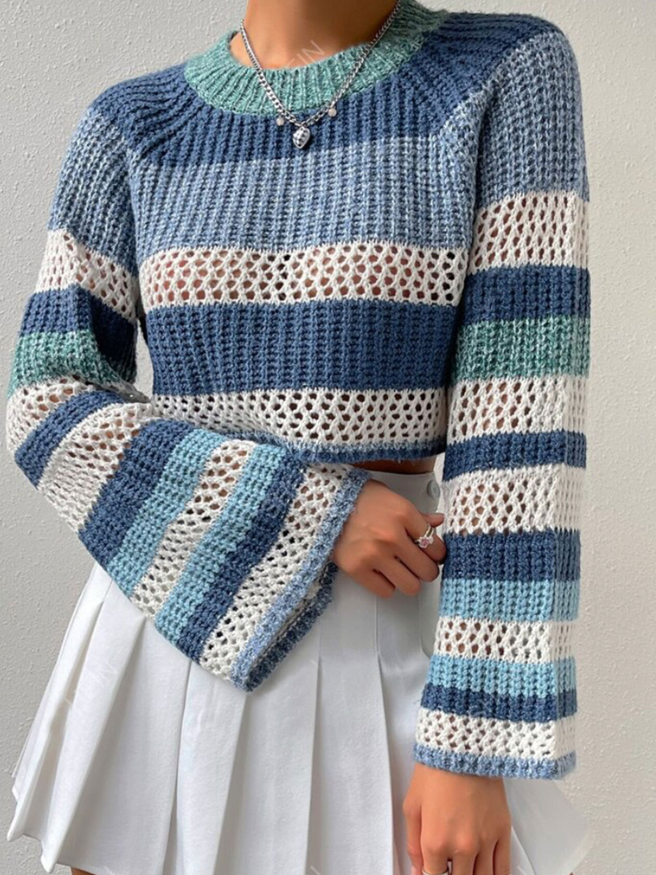Women's Open-Knit Striped Crewneck Pullover Top