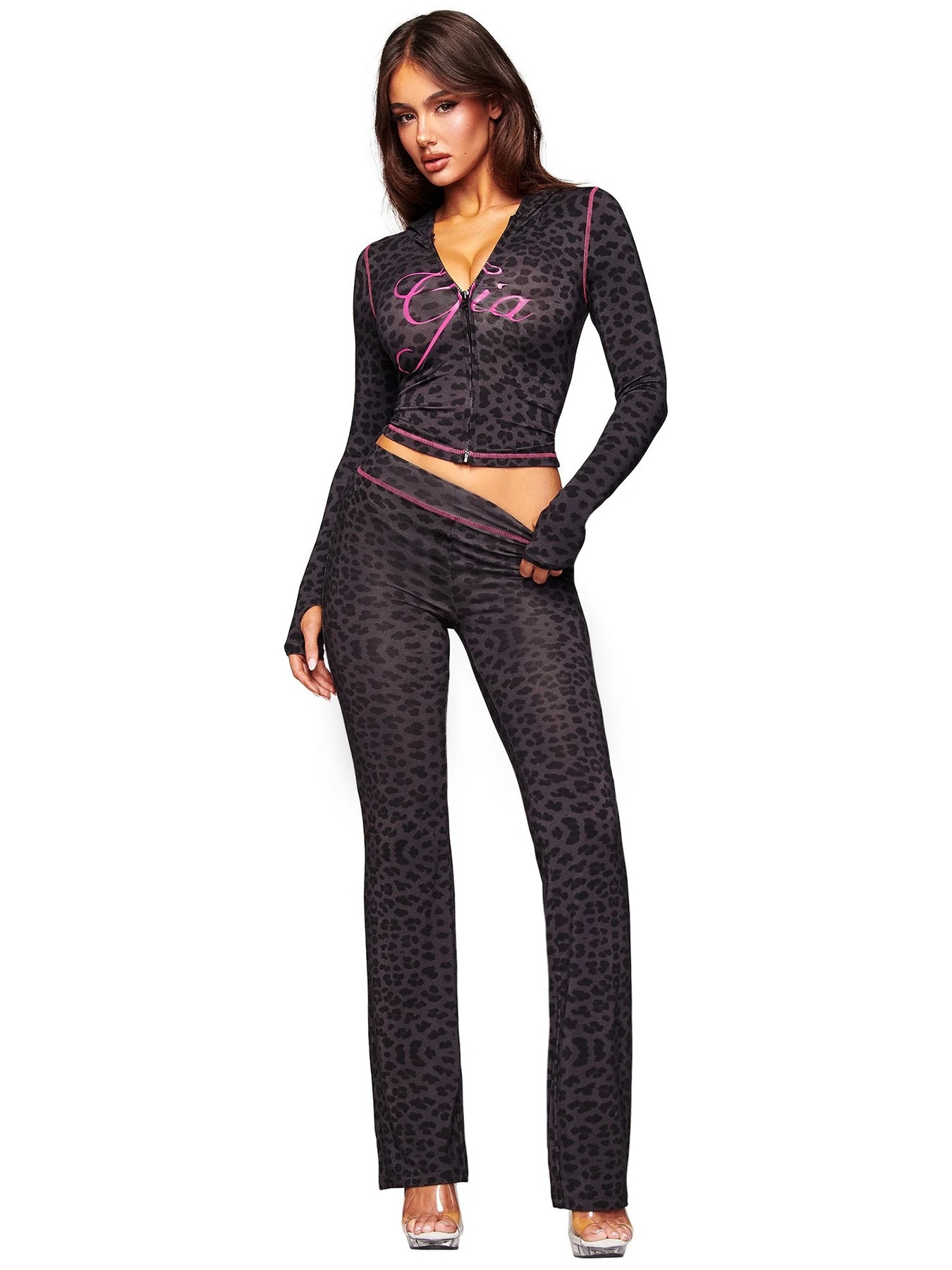 Women's Printed Hooded Long-Sleeve Thumbhole Two-Piece Set with Flared Pants