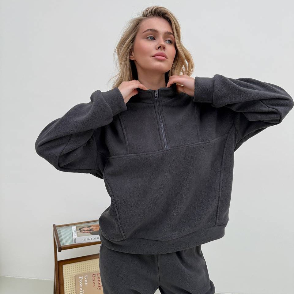 Women's Fleece Two-Piece Set Long Sleeve Zip Neck Pullover & Elastic Waist Pants