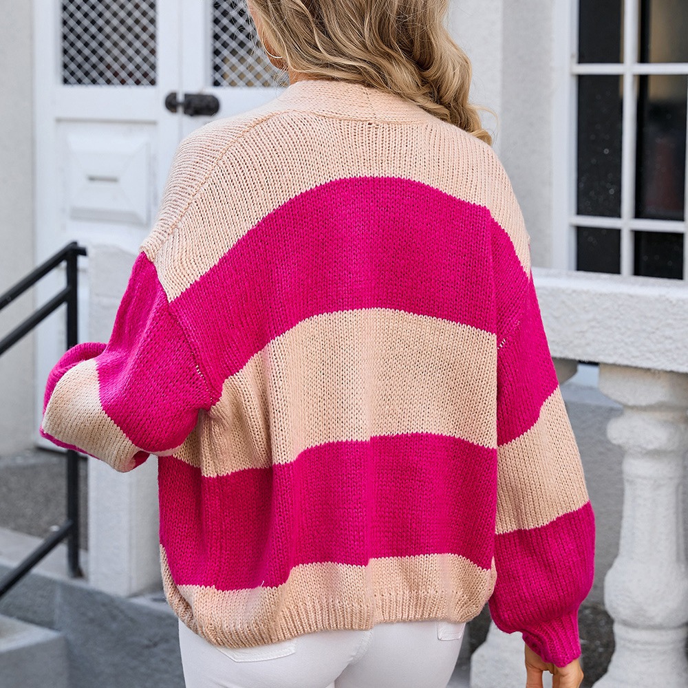 Colorblock Mohair Cardigan Sweater Coat Loose Fit Long Sleeve