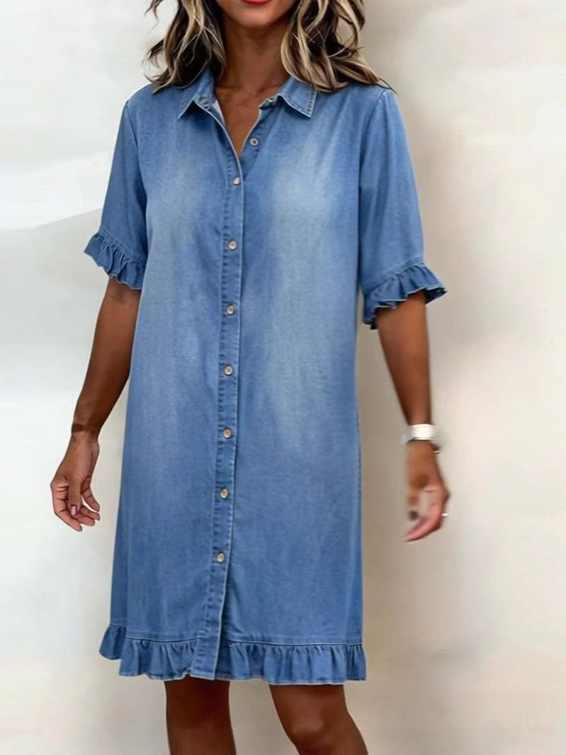 Women's Ruffle Cuff Loose Shirt Denim Dress