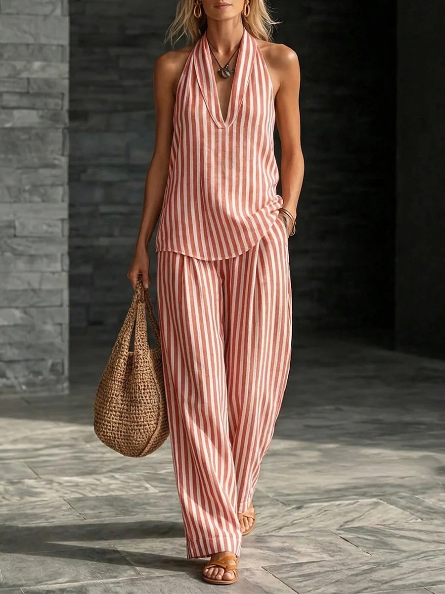 Striped Wide-Leg Pants Two-Piece Set Sleeveless Vest Women's