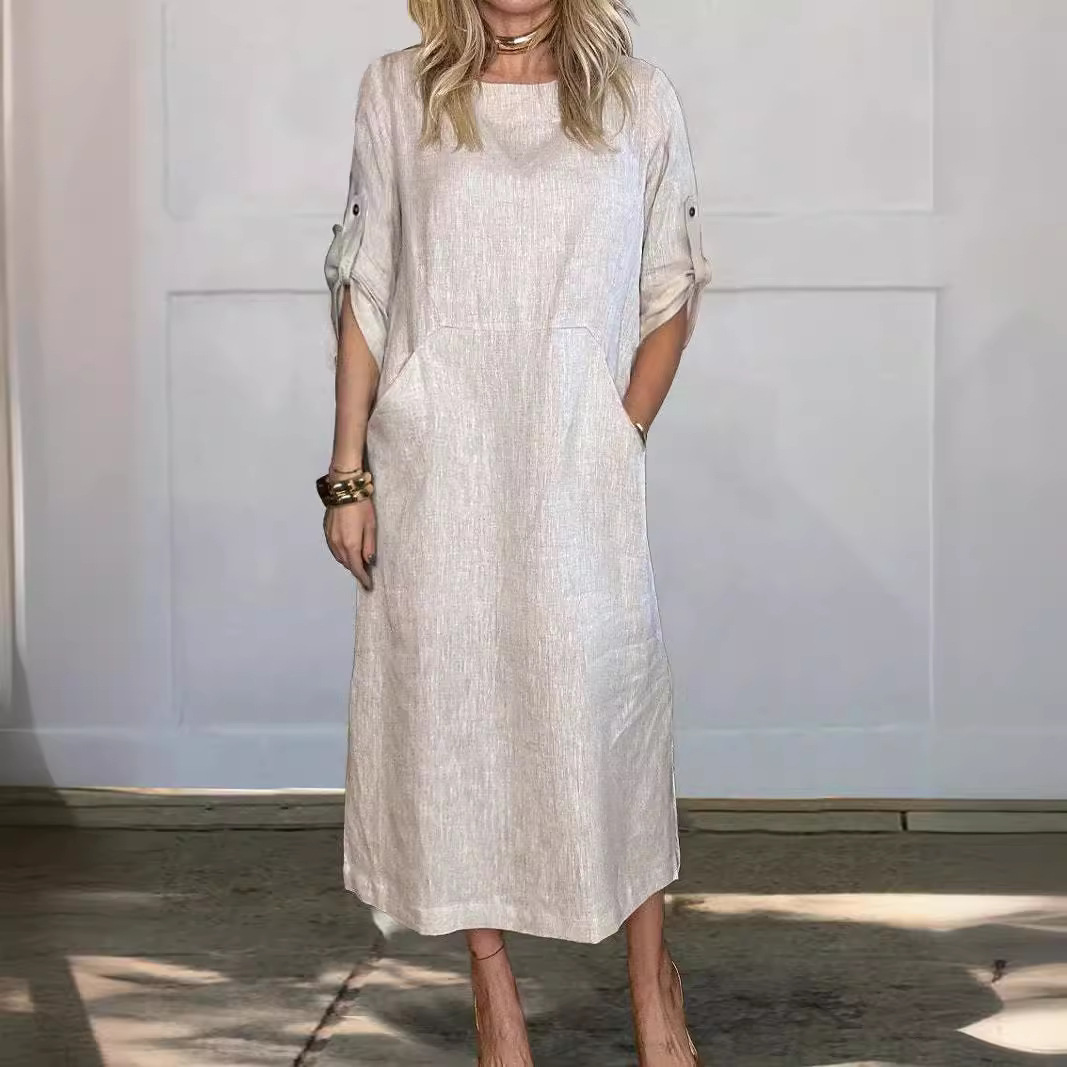 Women's Summer Loose Casual Solid Color Short Sleeve Cotton Linen Dress