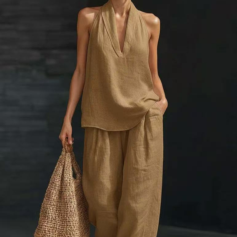 Women's Sleeveless Loose Cold-Shoulder Top & Wide-Leg Pants Two-Piece Set