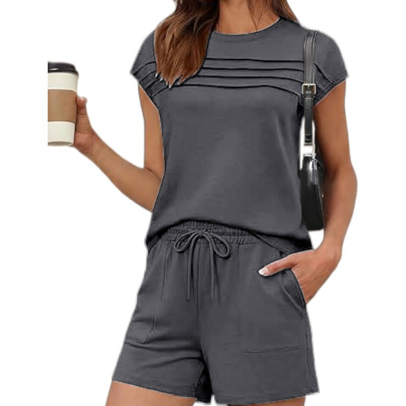 Women's Summer Striped Textured Short Sleeve Top and Shorts Solid Color Set