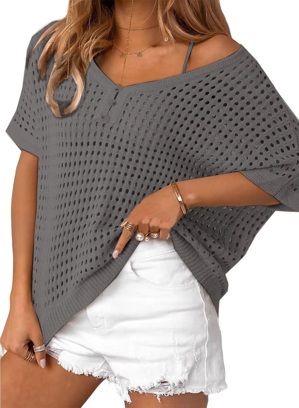 Women's V-Neck Short Sleeve Button Crochet Hollow Knit Top Beach Cover-Up